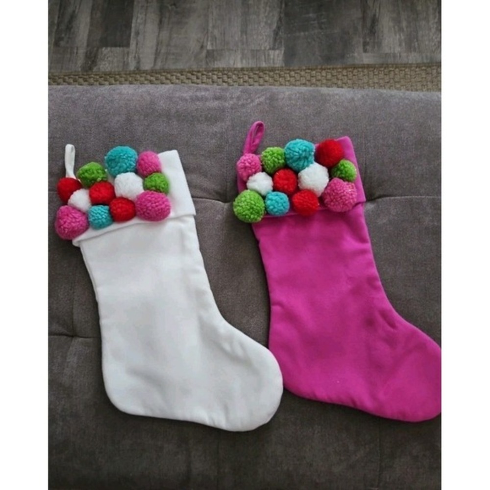 Pink & White Christmas Pom Pom‎ Stocking